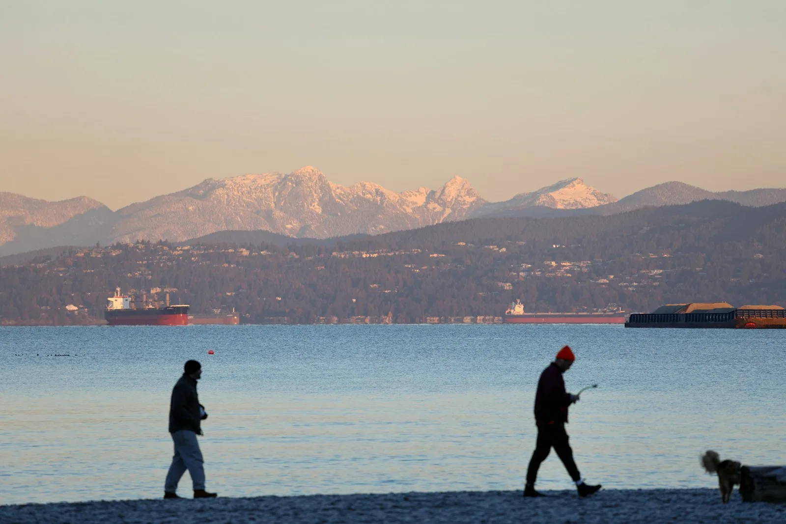 Vancouver beach with ocean and snow-covered mountains